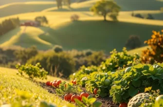 Lush landscape filled with healthy fruits and vegetables in a serene field.