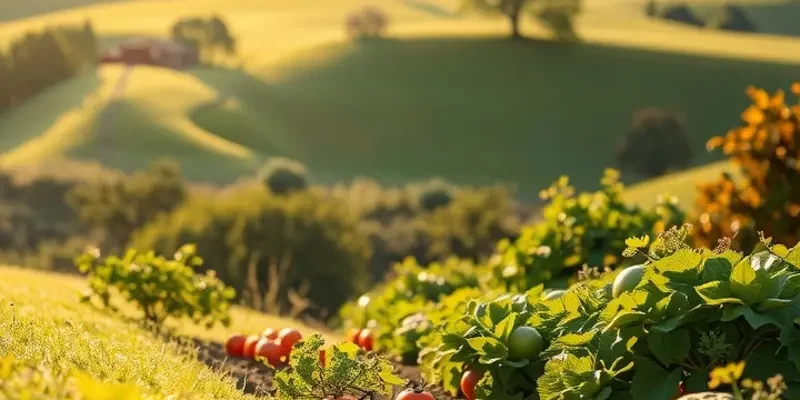 Lush landscape filled with healthy fruits and vegetables in a serene field.