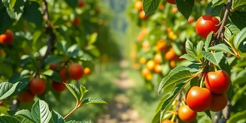 A photorealistic scene of a natural landscape filled with various fruits and vegetables, symbolizing healthy nutrition.