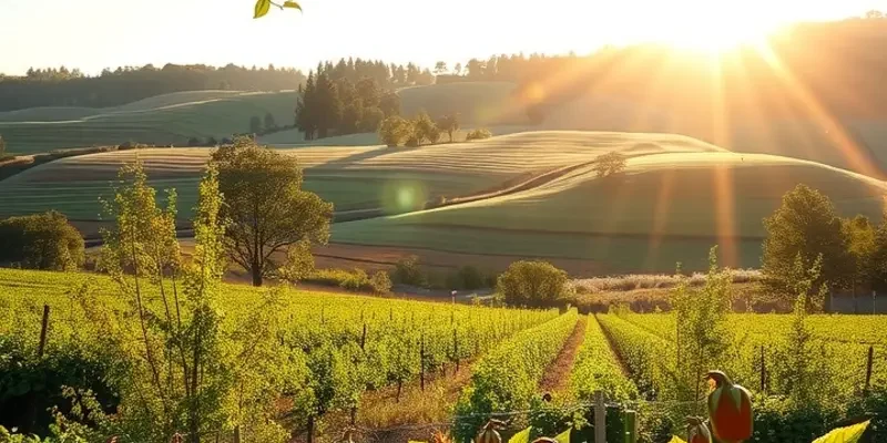 A scenic field featuring an array of healthy fruits and vegetables under soft sunlight.