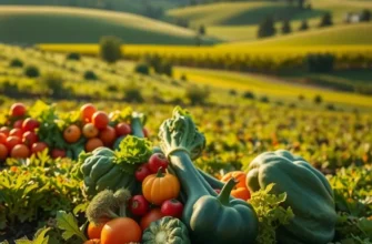 A serene landscape filled with a variety of fruits and vegetables promoting health.