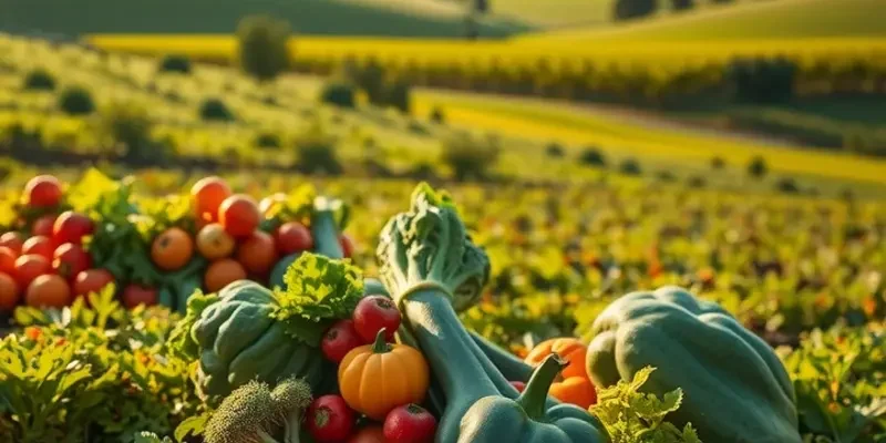 A serene landscape filled with a variety of fruits and vegetables promoting health.