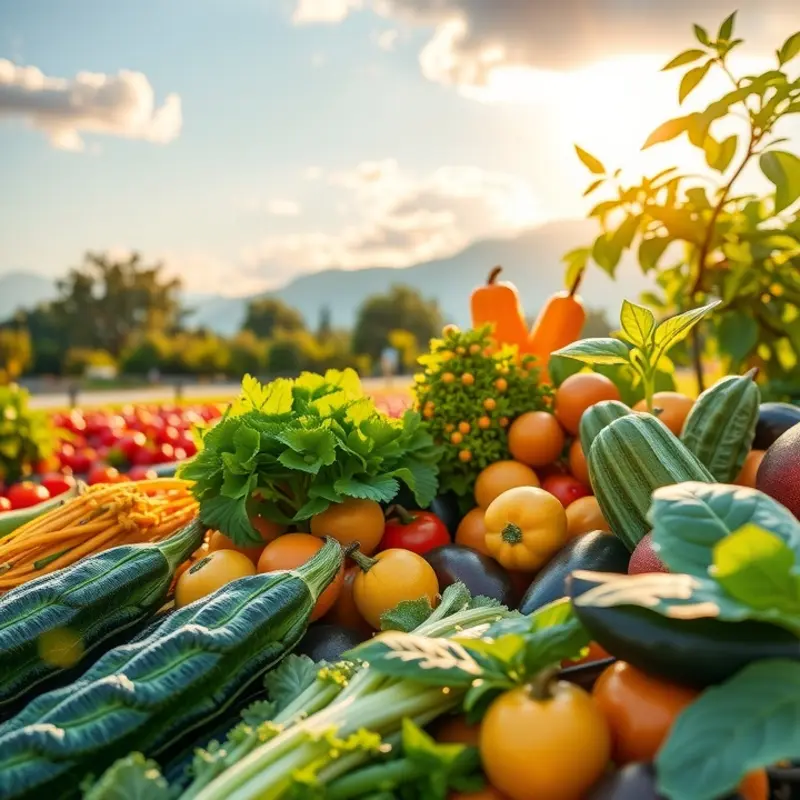 Vibrant vegetables and fruits thriving in a sunlit field, symbolizing nature’s bounty for a healthy diet.