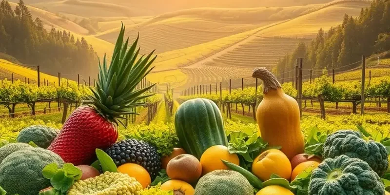 A sunlit field showcasing an abundance of fruits and vegetables, symbolizing healthy nutrition.