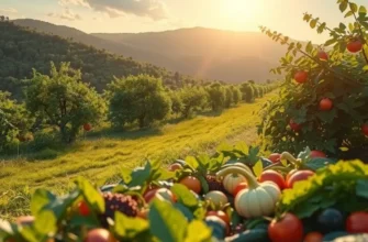 A lush landscape displaying healthy produce growing under soft sunlight.
