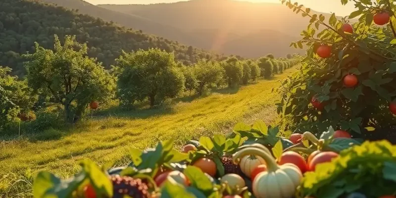 A lush landscape displaying healthy produce growing under soft sunlight.