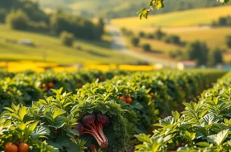 A photorealistic view of a vast field with healthy organic fruits and vegetables under soft sunlight.