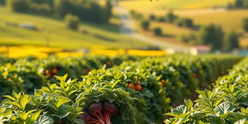 A photorealistic view of a vast field with healthy organic fruits and vegetables under soft sunlight.