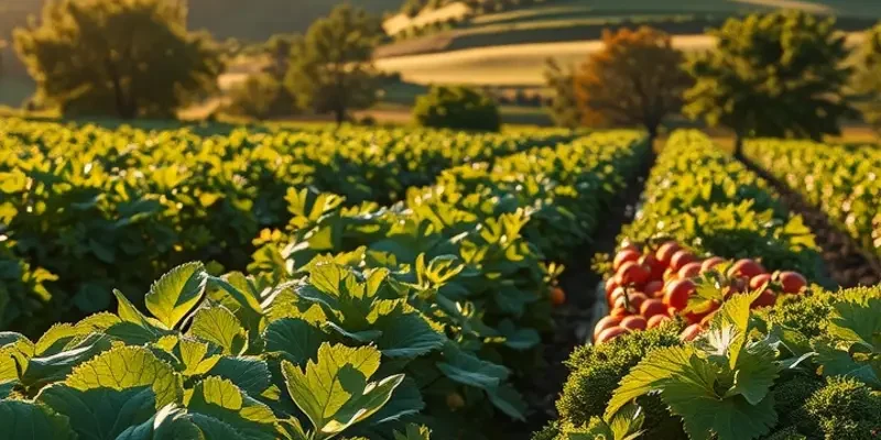 A picturesque orchard with healthy fruits and vegetables symbolizing outdoor eating.