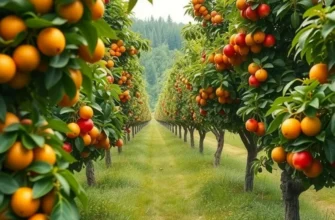 A beautiful landscape of a sunlit field filled with various organic fruits and vegetables growing naturally.