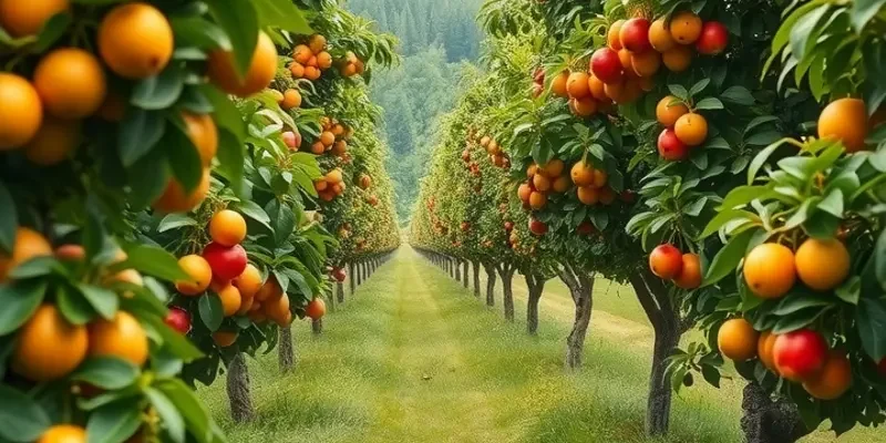 A beautiful landscape of a sunlit field filled with various organic fruits and vegetables growing naturally.