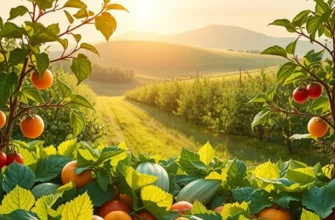 A vibrant orchard brimming with organic vegetables and fruits, symbolizing healthy eating.