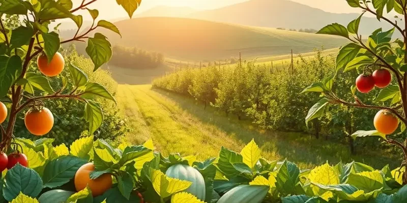 A vibrant orchard brimming with organic vegetables and fruits, symbolizing healthy eating.