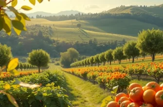A sunlight-filled orchard showcasing a variety of fresh organic produce.