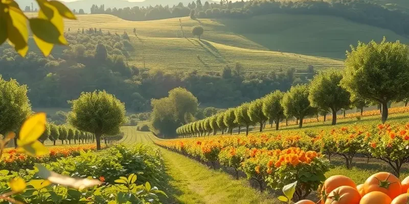 A sunlight-filled orchard showcasing a variety of fresh organic produce.