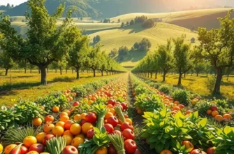 Photorealistic landscape focusing on a sunlit field abundant with lush vegetables and fruits.