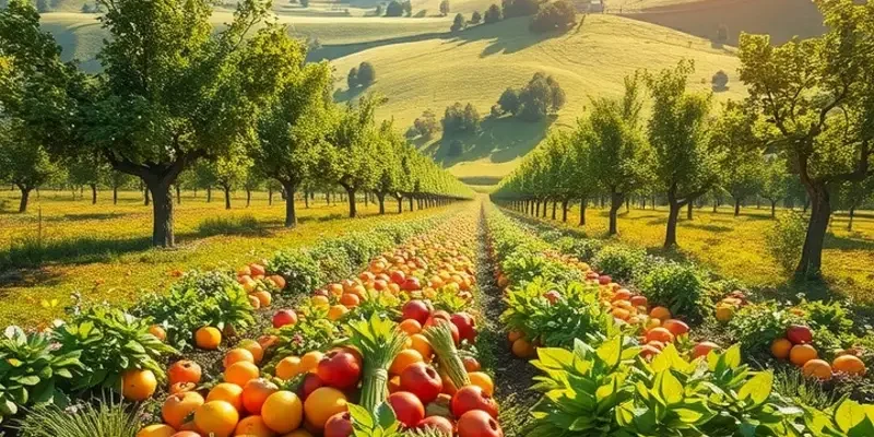 Photorealistic landscape focusing on a sunlit field abundant with lush vegetables and fruits.