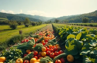 A tranquil sunlit field of vegetables and fruits emphasizing health and nutrition in nature.