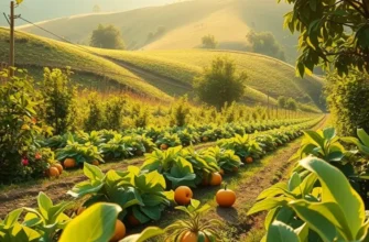 A vibrant landscape with fresh vegetables and fruits growing in a natural, sunlit setting.