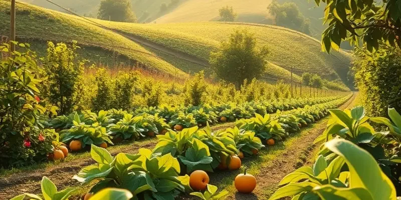 A vibrant landscape with fresh vegetables and fruits growing in a natural, sunlit setting.
