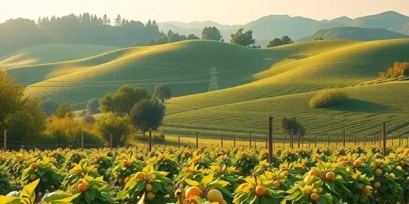 A beautiful sunlit field showcasing a variety of organic vegetables and fruits.