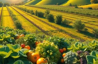 A beautiful organic garden showcasing a variety of fruits and vegetables in a sunlit environment.