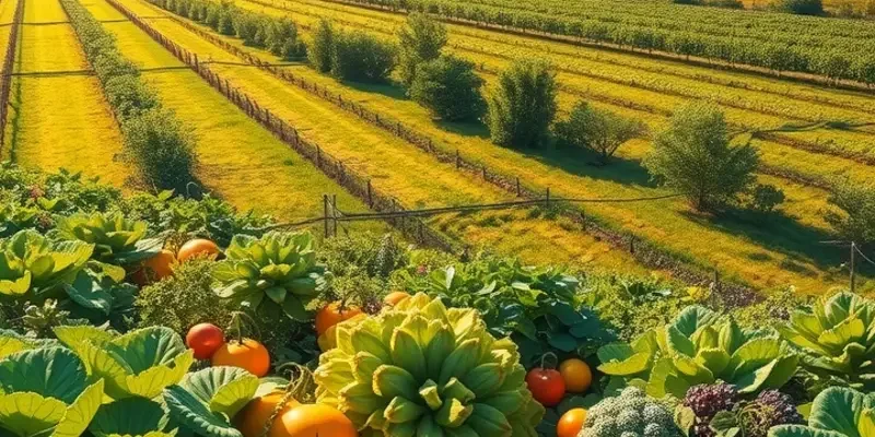A beautiful organic garden showcasing a variety of fruits and vegetables in a sunlit environment.