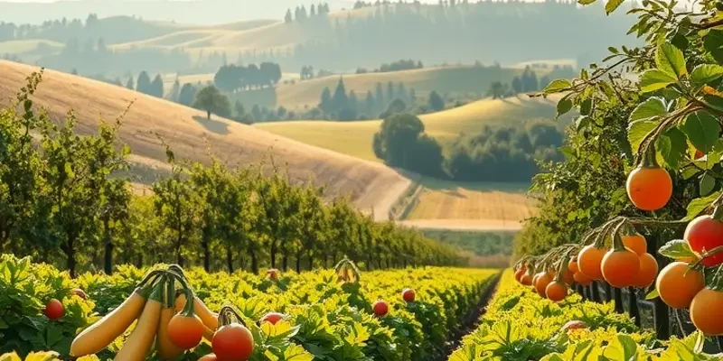 A beautiful lush field filled with organic fruits and vegetables representing healthy, immune-boosting diets.