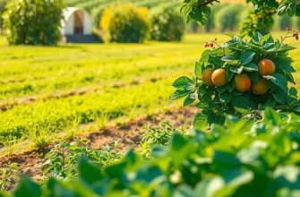 A lush landscape filled with organic fruits and vegetables, shining under warm sunlight.