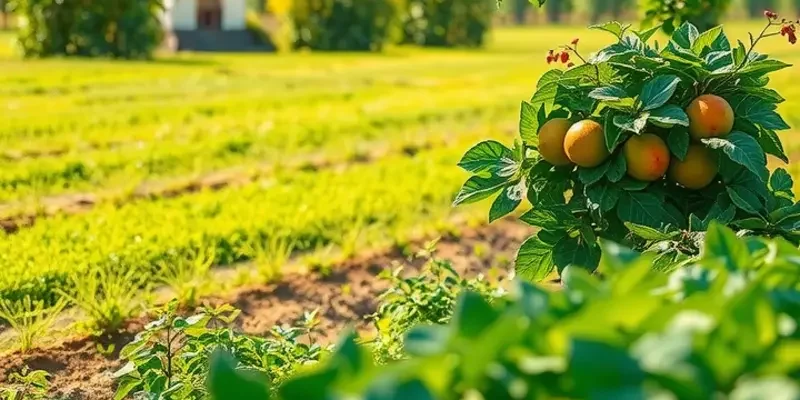 A lush landscape filled with organic fruits and vegetables, shining under warm sunlight.