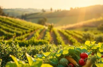 A sunlit field abundant with fresh fruits and vegetables, representing healthy nutrition.