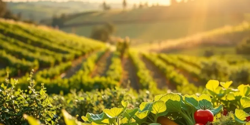 A sunlit field abundant with fresh fruits and vegetables, representing healthy nutrition.