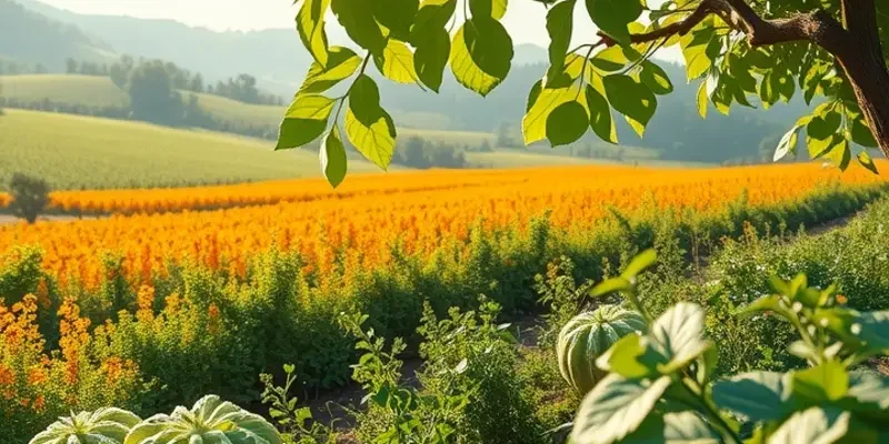 A picturesque view of an organic orchard full of colorful fruits and vegetables, embodying healthy eating.