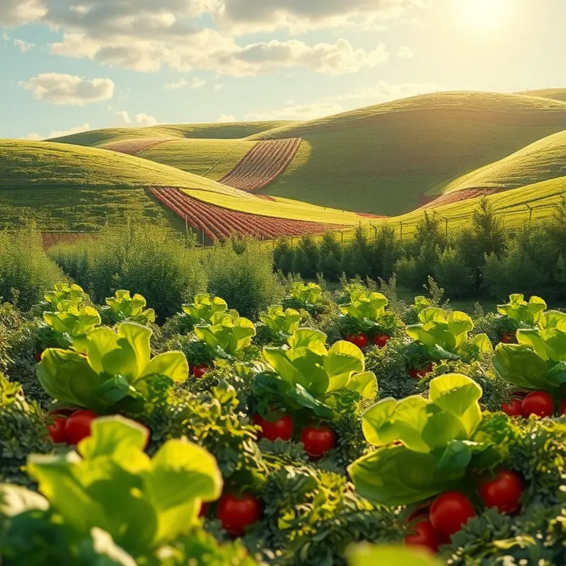 A vibrant sunlit landscape showcasing abundant organic produce.