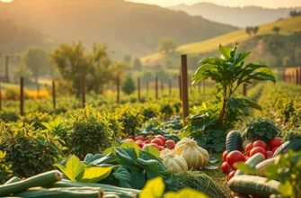 A sunlit field lush with organic vegetables surrounded by gentle hills.