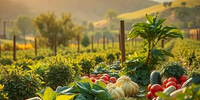 A sunlit field lush with organic vegetables surrounded by gentle hills.