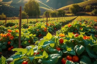 Photorealistic view of a sunlit field showcasing healthy organic vegetables and fruits.
