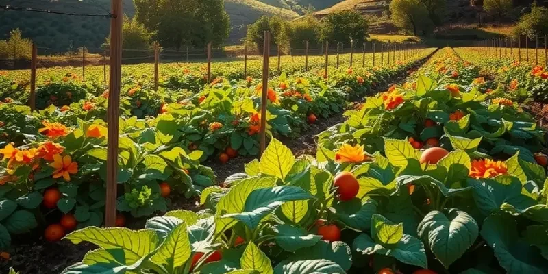 Photorealistic view of a sunlit field showcasing healthy organic vegetables and fruits.