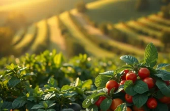 A serene orchard filled with vibrant vegetables and fruits under warm sunlight.