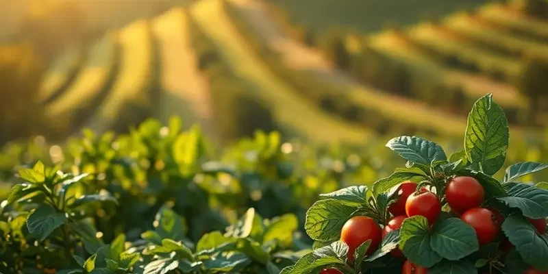A serene orchard filled with vibrant vegetables and fruits under warm sunlight.