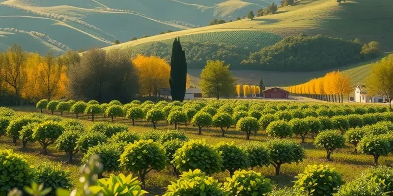 A bright and inviting landscape showcasing an abundance of healthy fruits and vegetables under warm sunlight.