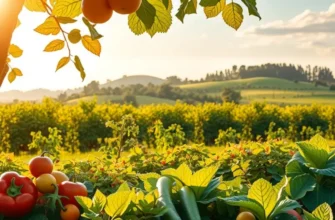 A tranquil landscape filled with healthy vegetables and fruits, surrounded by lush greenery.