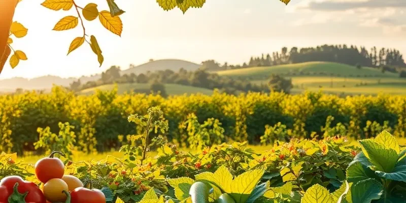 A tranquil landscape filled with healthy vegetables and fruits, surrounded by lush greenery.