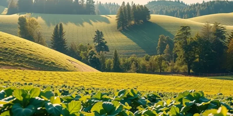 A scenic representation of a lush field filled with healthy, vibrant fruits and vegetables.