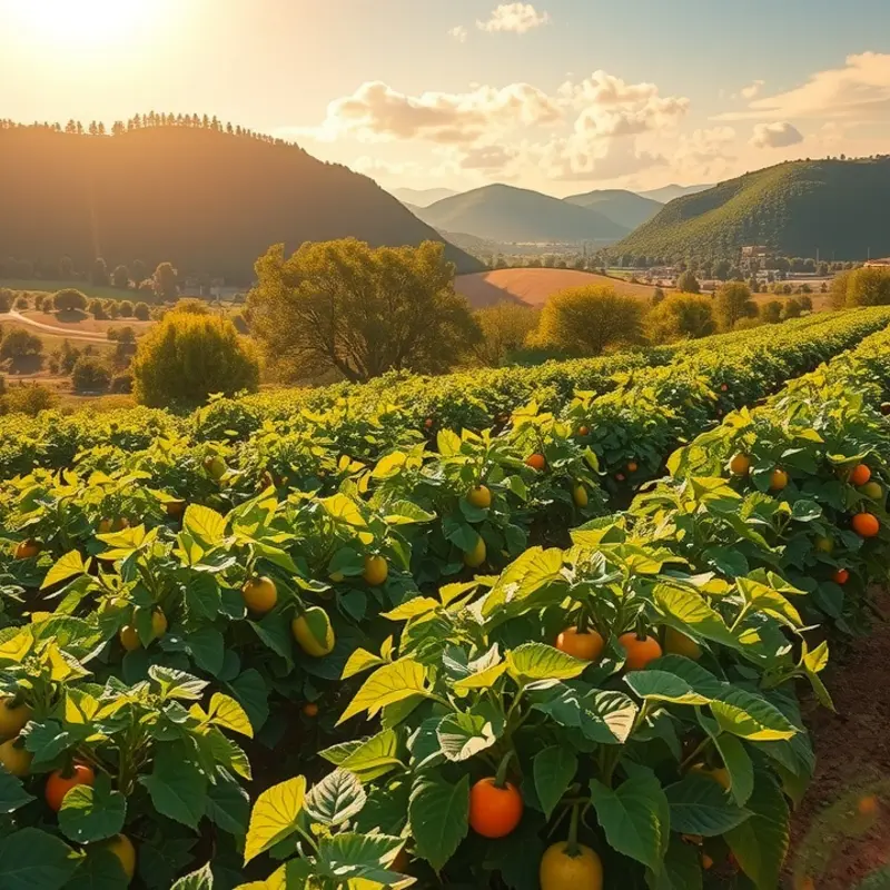A vibrant sunlit garden showcasing a variety of herbs and vegetables.