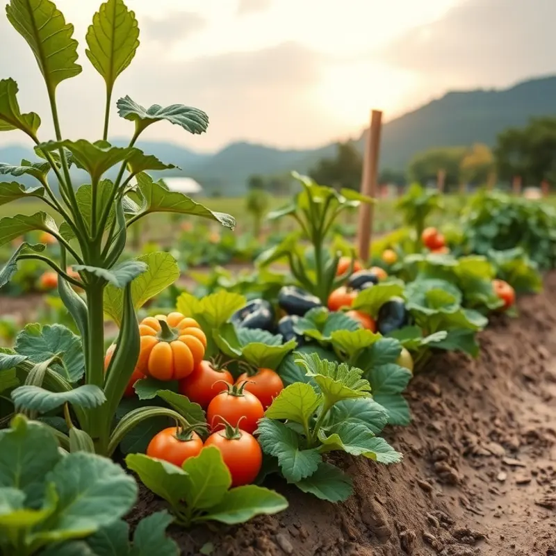 A vibrant representation of herbs and organic produce thriving in a sunlit landscape.