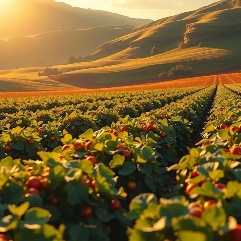 A sunlit field filled with fresh vegetables and fruits representing nature’s bounty.
