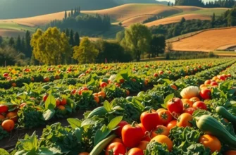 A scenic field filled with lush organic vegetables and fruits, illustrating the essence of Indigenous food culture.