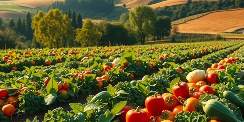 A scenic field filled with lush organic vegetables and fruits, illustrating the essence of Indigenous food culture.