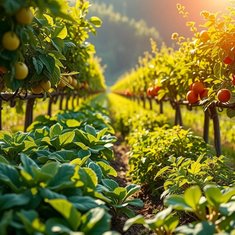 A serene landscape featuring vibrant produce in a sunlit orchard.